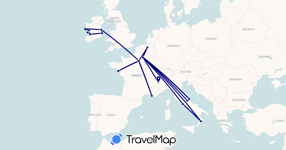 TravelMap itinerary: driving in Belgium, France, Ireland, Italy (Europe)